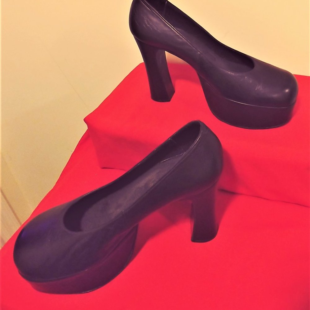 Black leather Luichiuy baby doll platforms, worn only once down a fashion runway